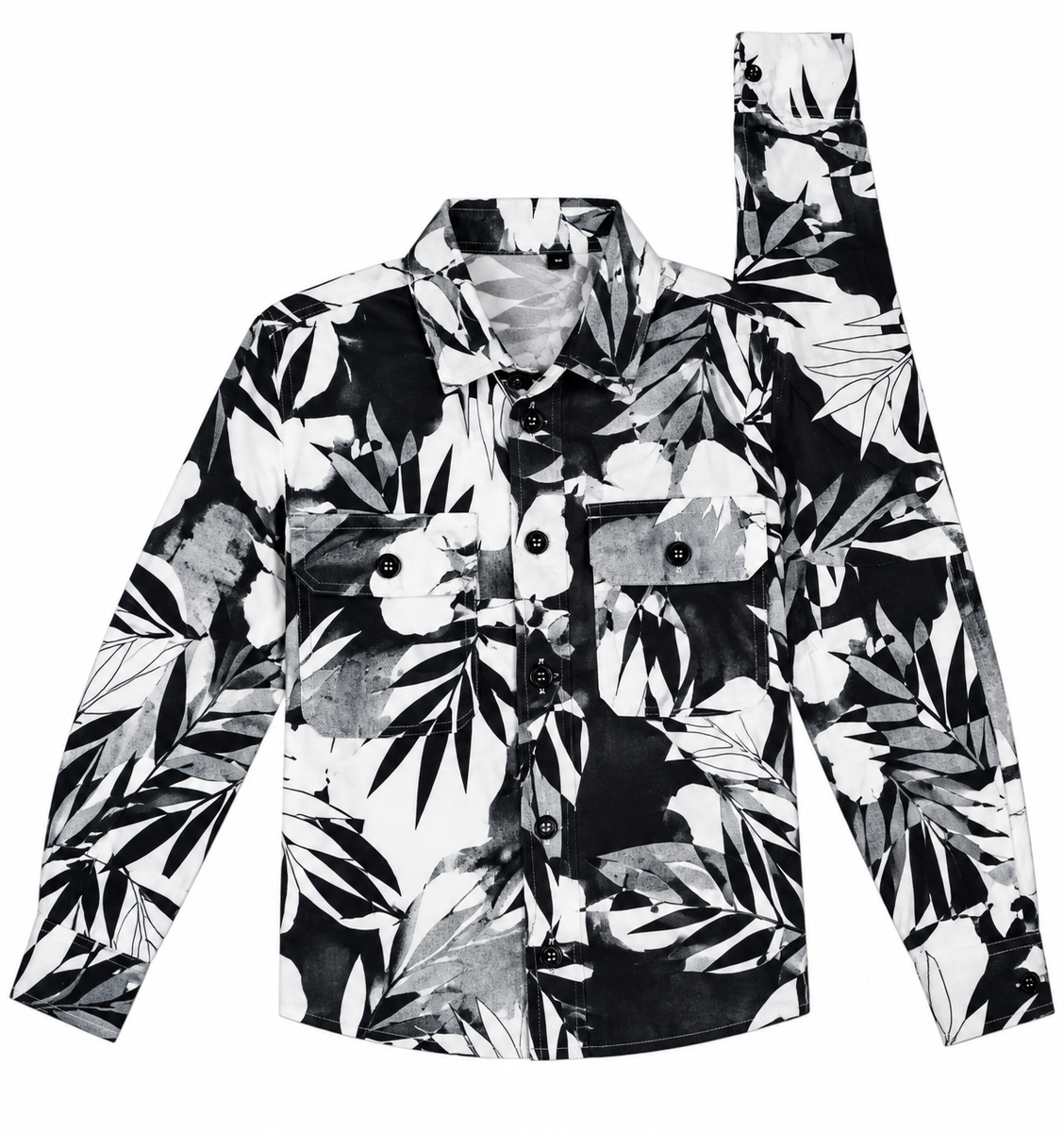 Boys Black & White Botanical Print Full-Sleeve Casual Shirt