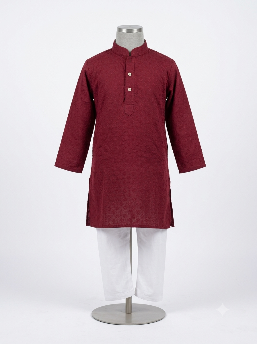 Maroon Chikankari Kurta with White Pajama Set