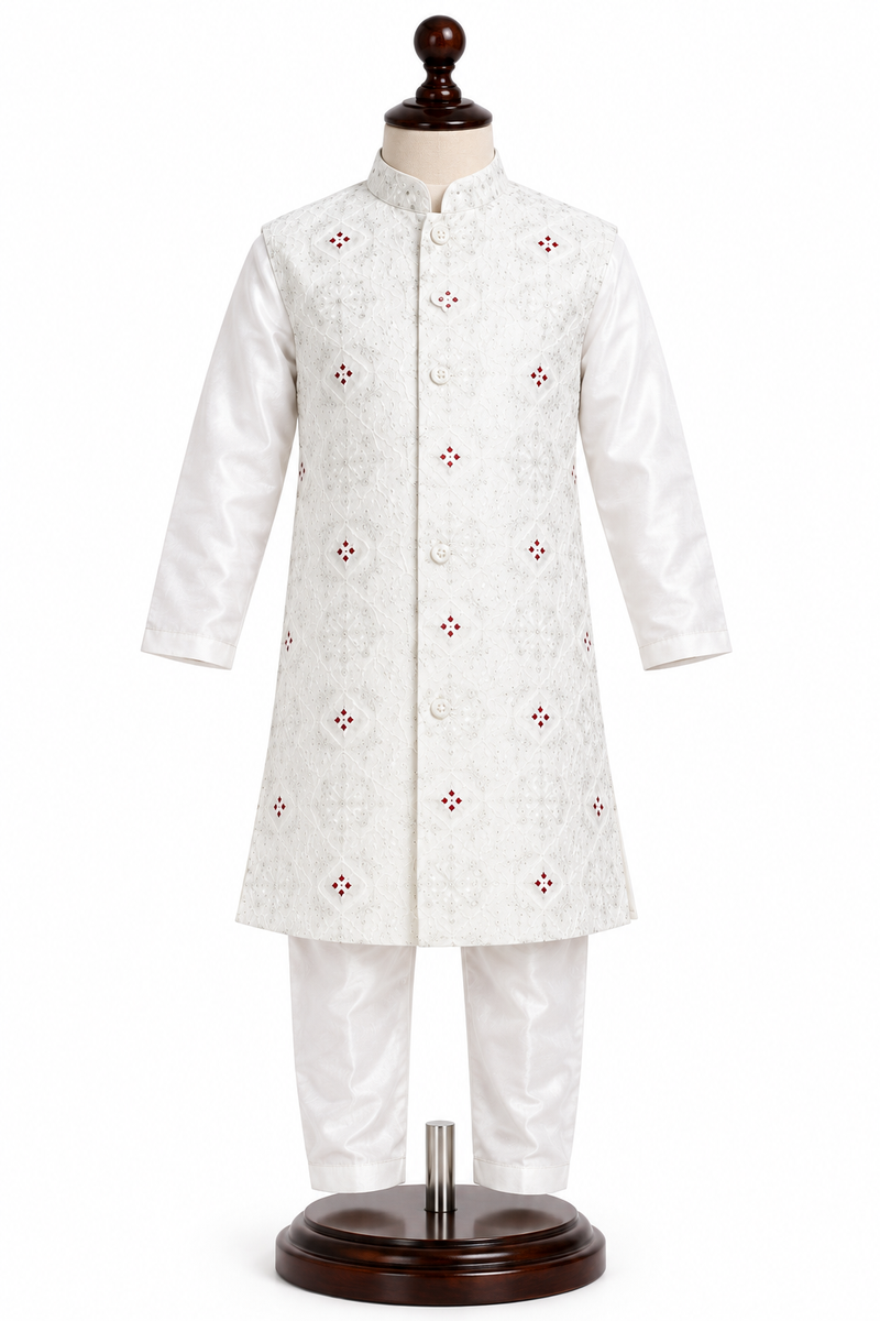 Boys Off-White Indo-Western Sherwani Set with Nehru Jacket