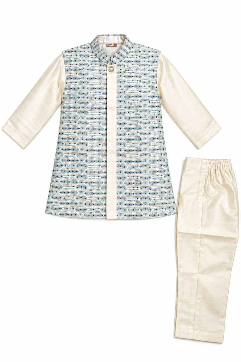 Boys Off-White Kurta with Printed Nehru Jacket Set — lifestyle