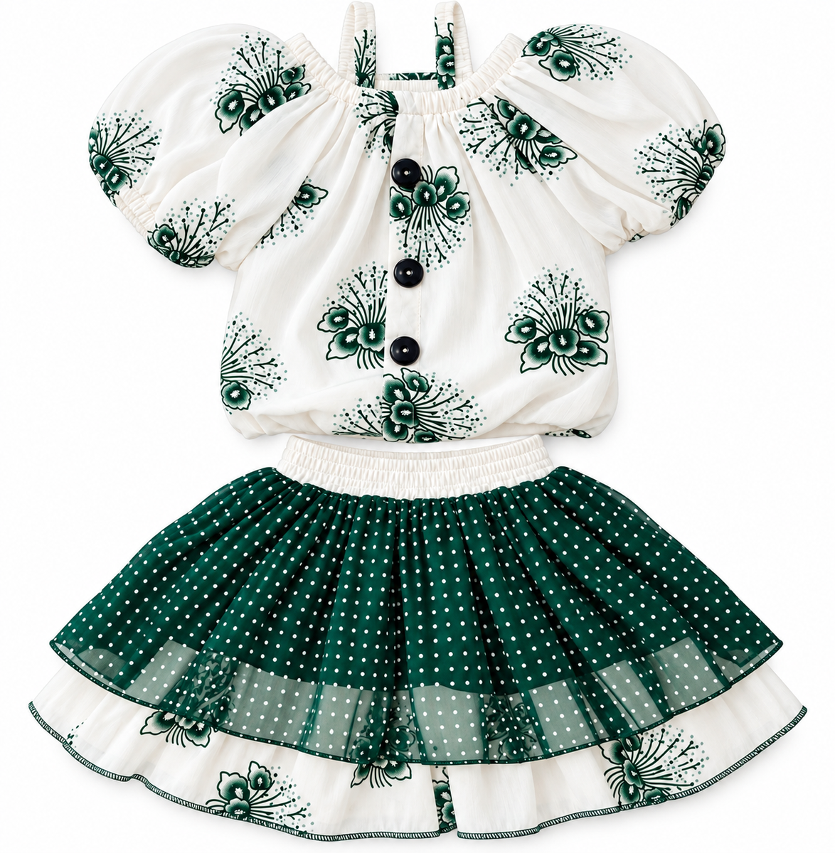 Green and White Floral Print Puff Sleeve Frock