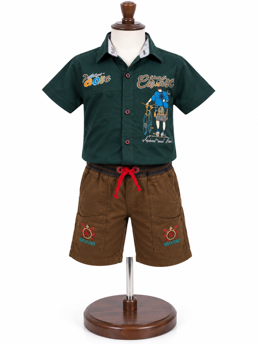Boys Dark Green Printed Shirt and Shorts Set