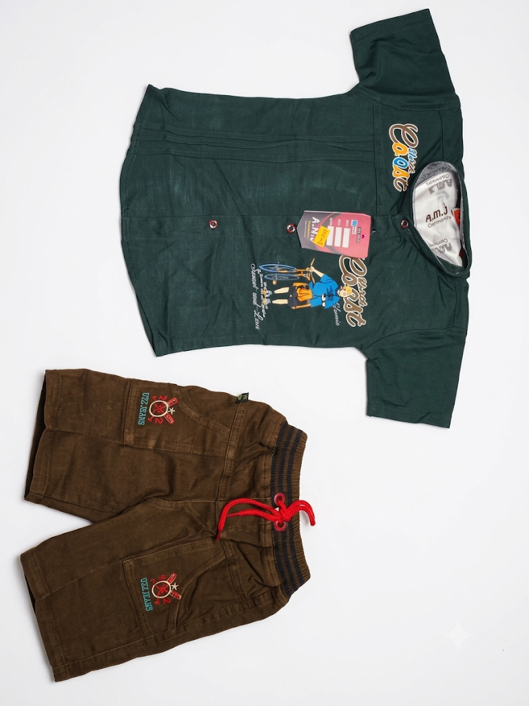 Boys Dark Green Printed Shirt and Shorts Set