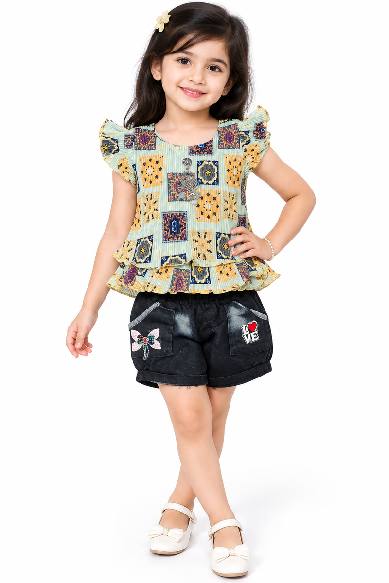 Girls Multi-Print Pleated Top with Denim Shorts Set