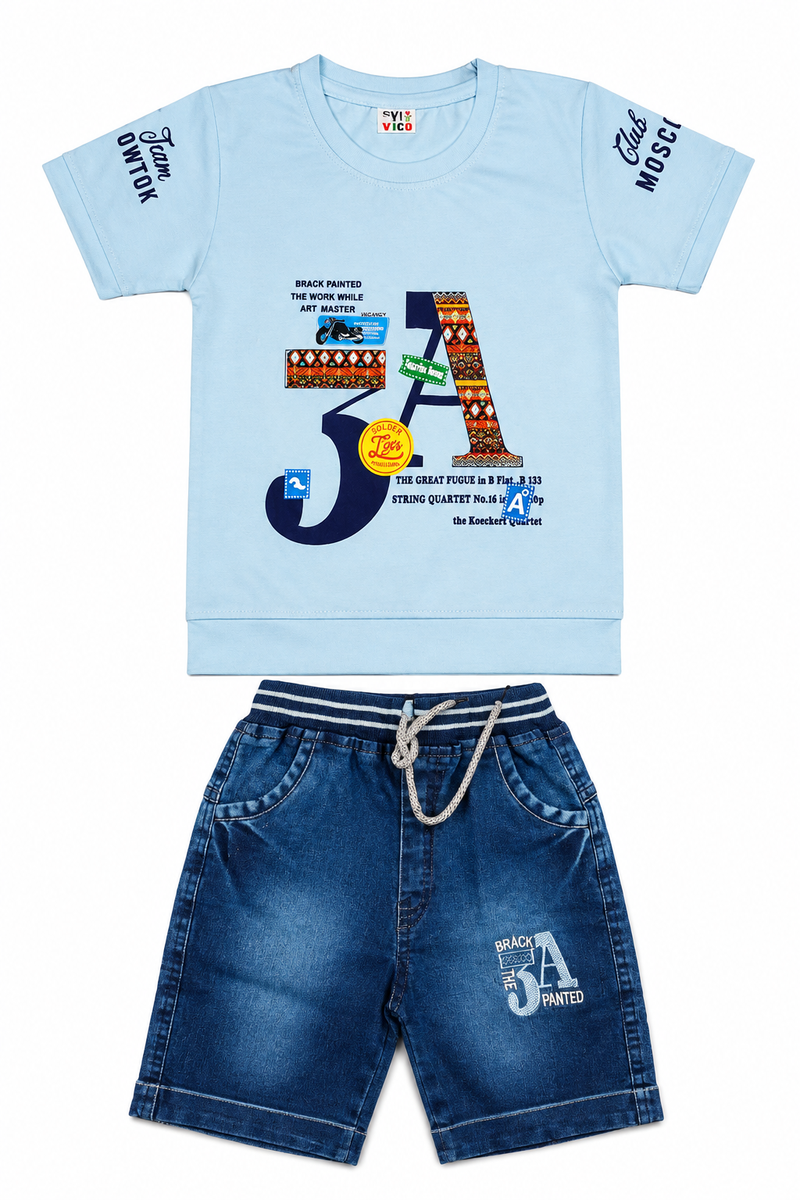Boys Light Blue T-Shirt and Denim Shorts Set