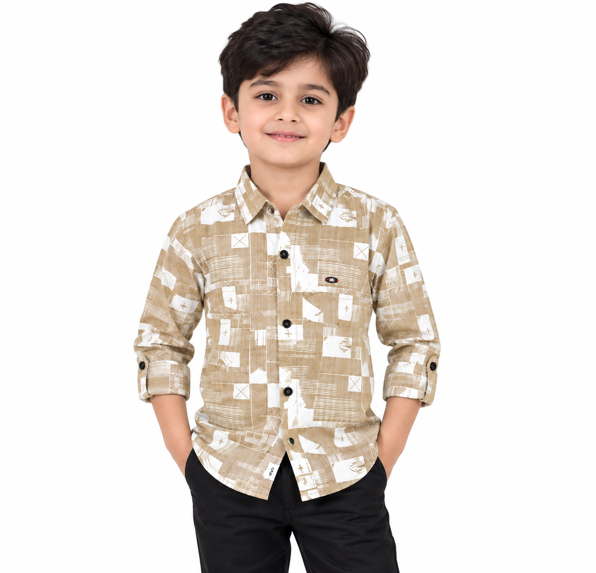 Boys Beige Printed Casual Shirt