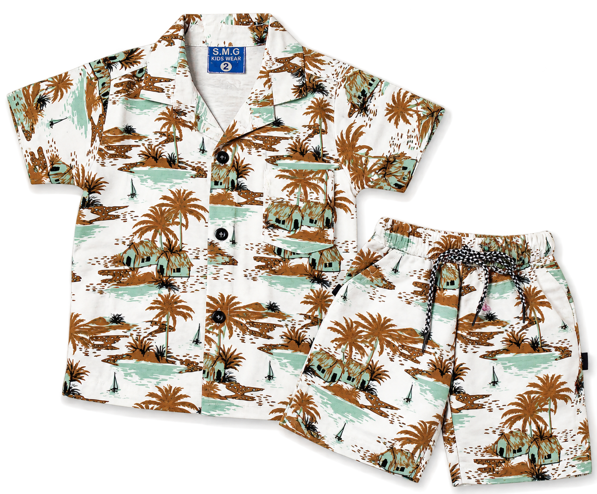 Boys Tropical Palm Print Casual Shirt and Shorts Co-ord Set