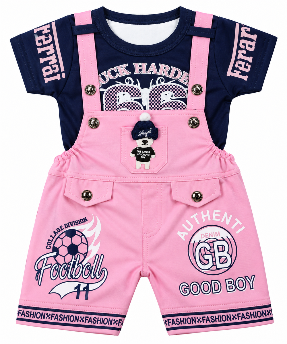 Boys Pink Dungaree Set with Navy Blue T-Shirt