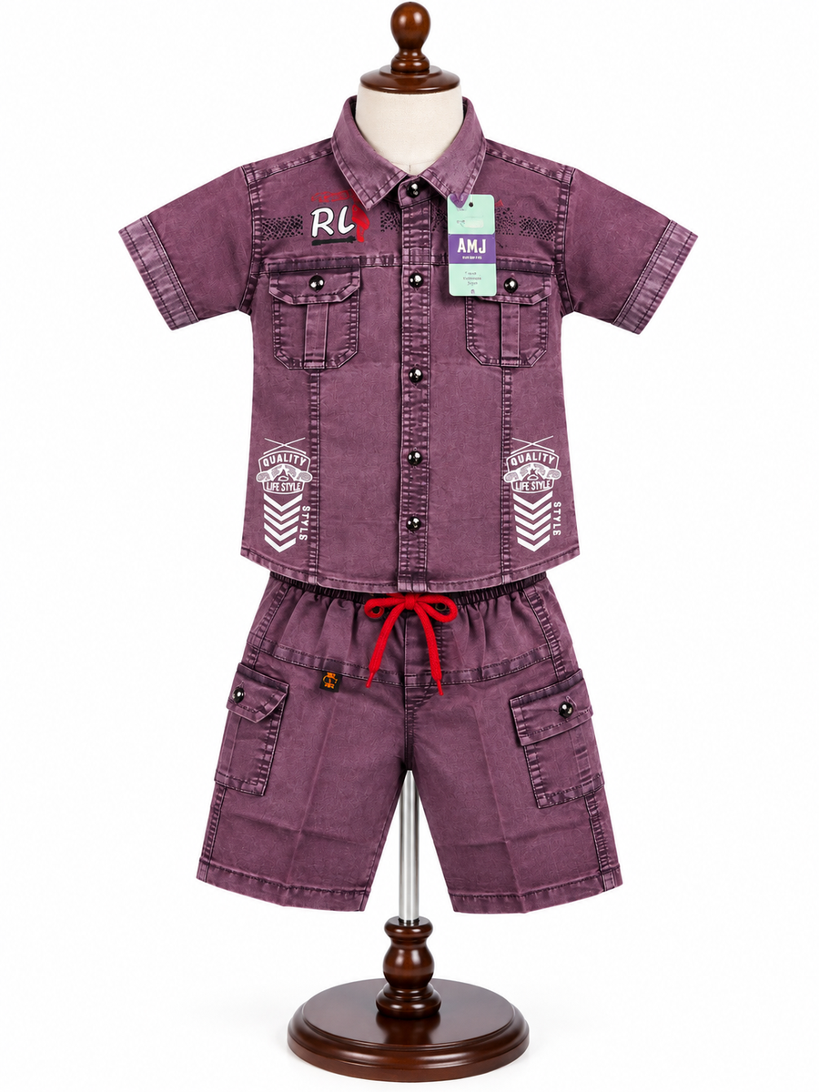 Boys Purple Casual Shirt and Cargo Shorts Set