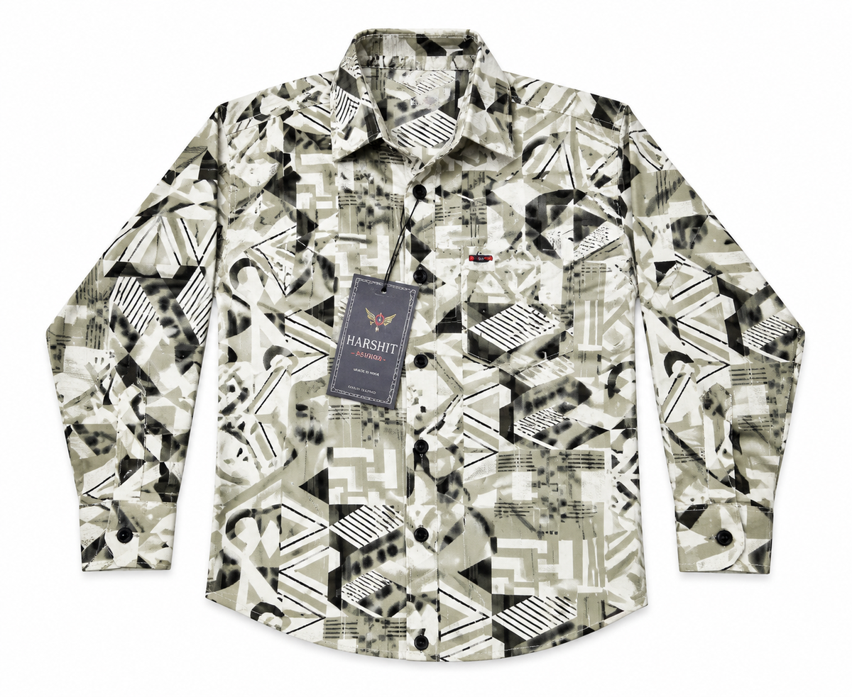 Boys Geometric Print Casual Shirt in Olive Green