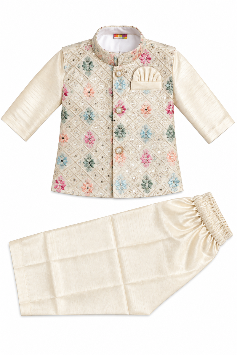 Boys Beige Silk Blend Kurta with Nehru Jacket Set — lifestyle