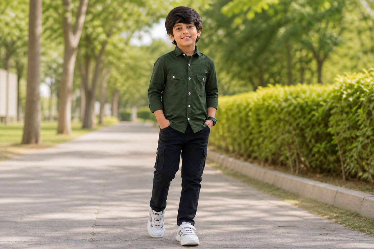 Boys Olive Green Casual Cotton Shirt