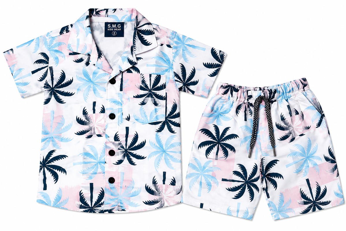 Boys Tropical Palm Print Cuban Shirt and Shorts Co-ord Set - White