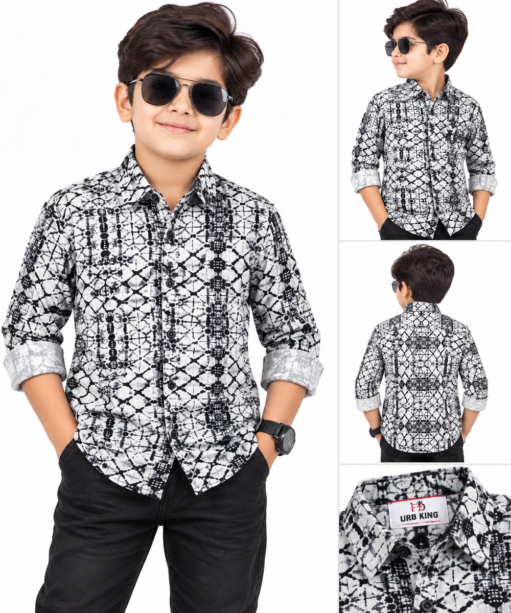 Boys Black and White Geometric Printed Casual Shirt