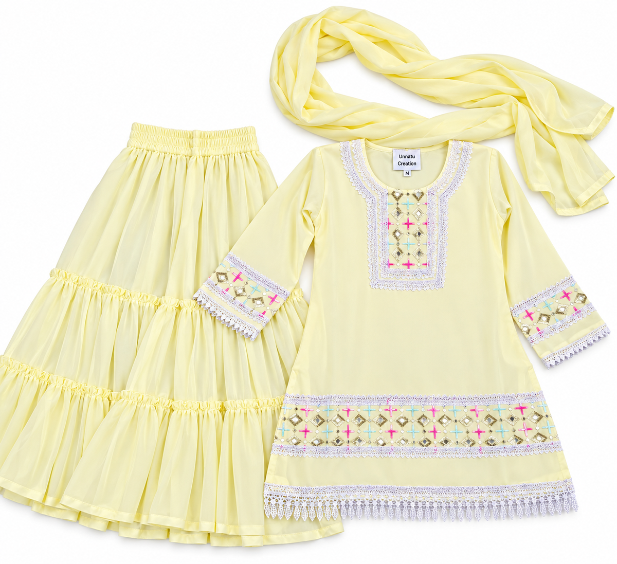 Girls Lemon Yellow Embroidered Kurta Sharara Set with Dupatta
