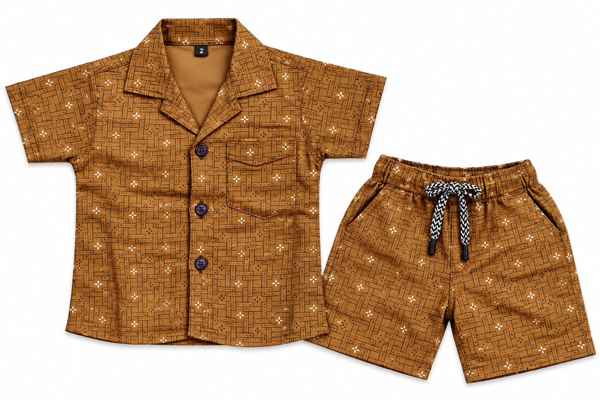 Brown Printed Cotton Shirt and Shorts Set