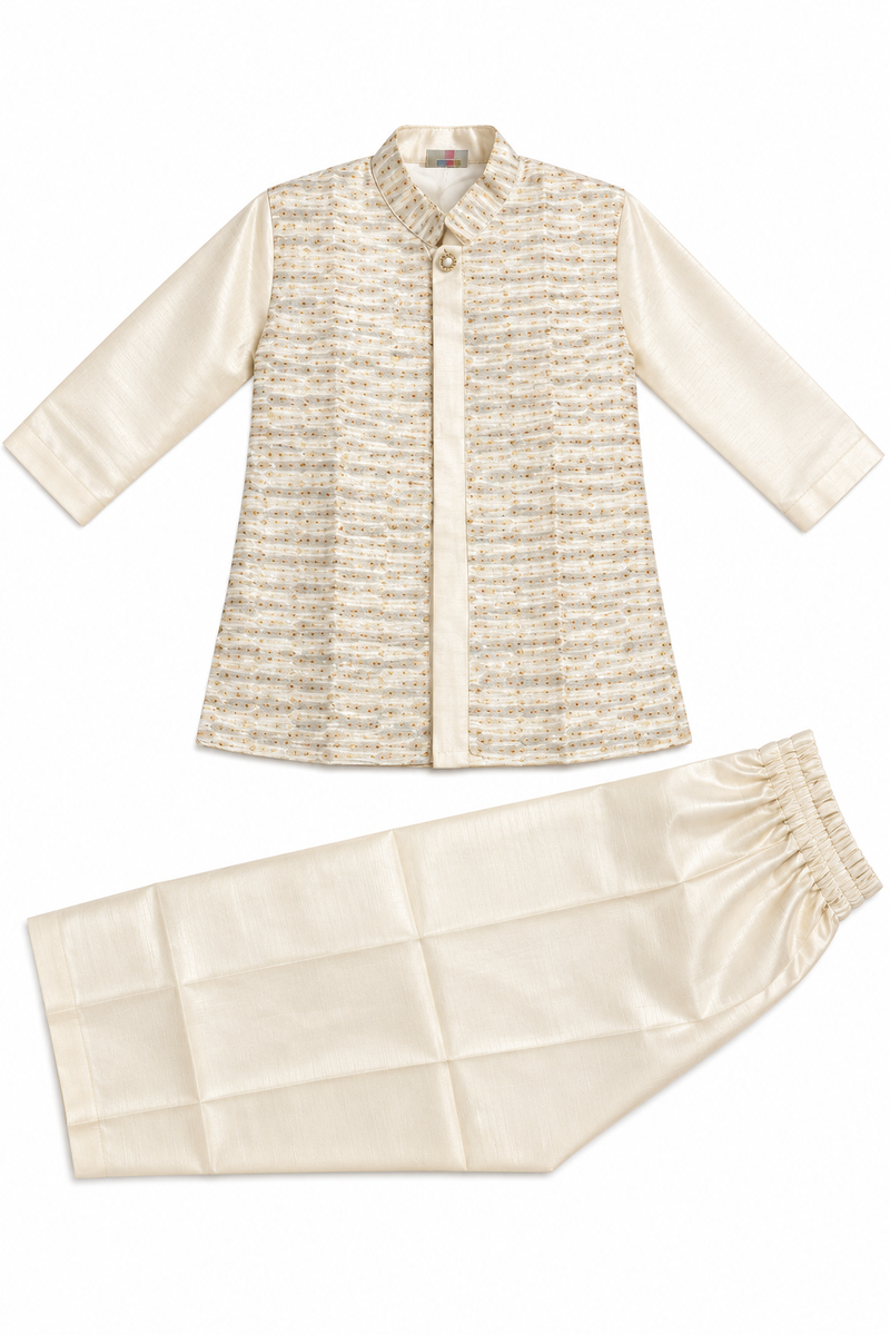 Boys Beige Silk Blend Kurta with Nehru Jacket Set — lifestyle