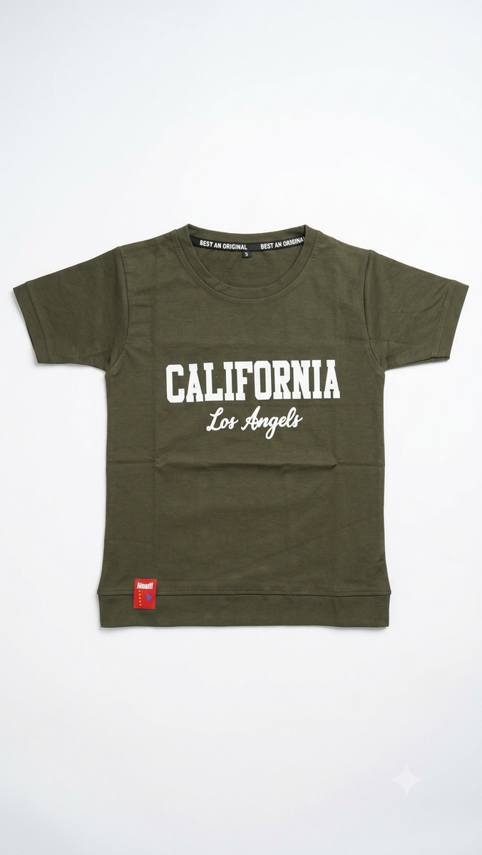 Boys Olive Green California Graphic Print Cotton T-Shirt — lifestyle