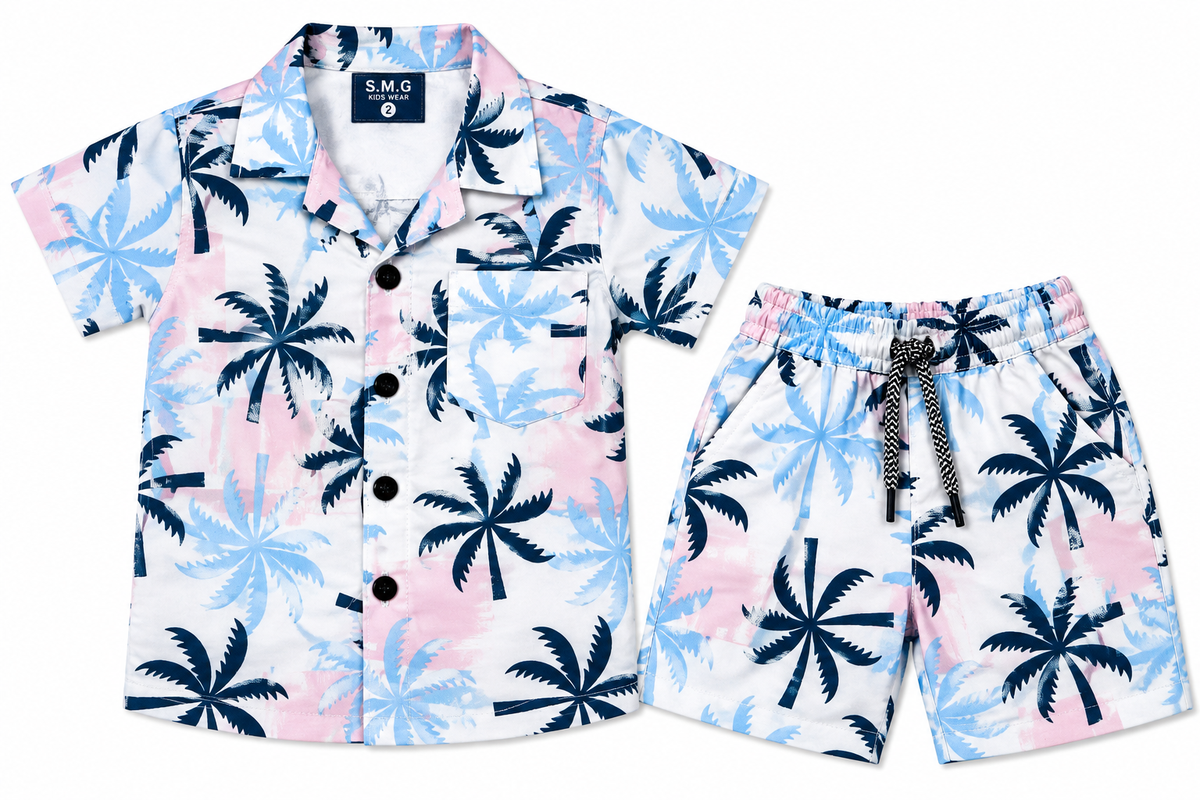 Boys Tropical Palm Print Cuban Shirt and Shorts Co-ord Set - White