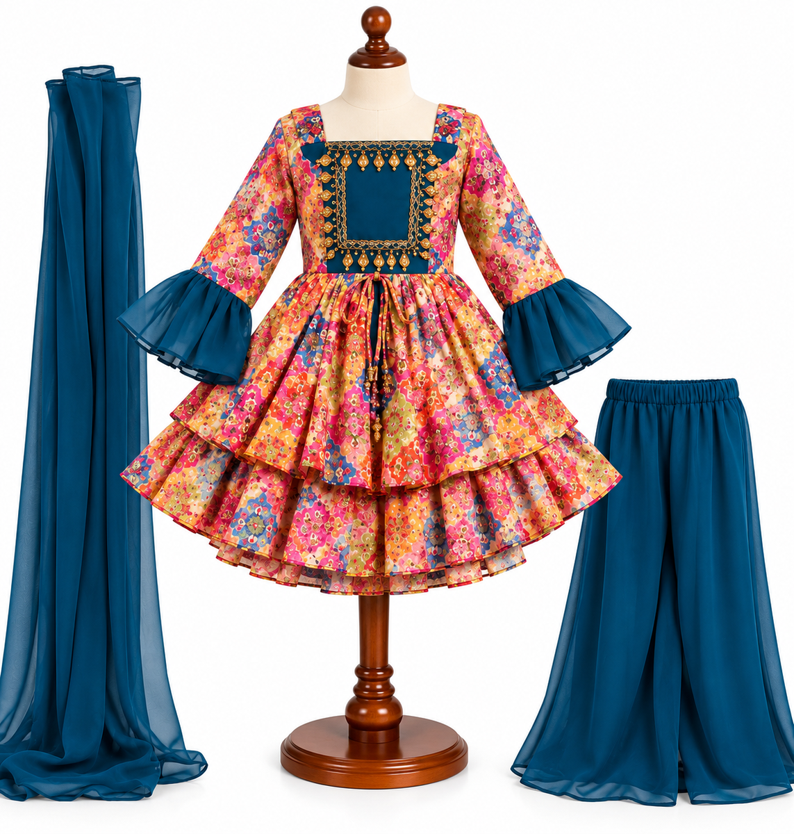 Multicolor Printed Peplum Kurta with Sharara and Dupatta — lifestyle