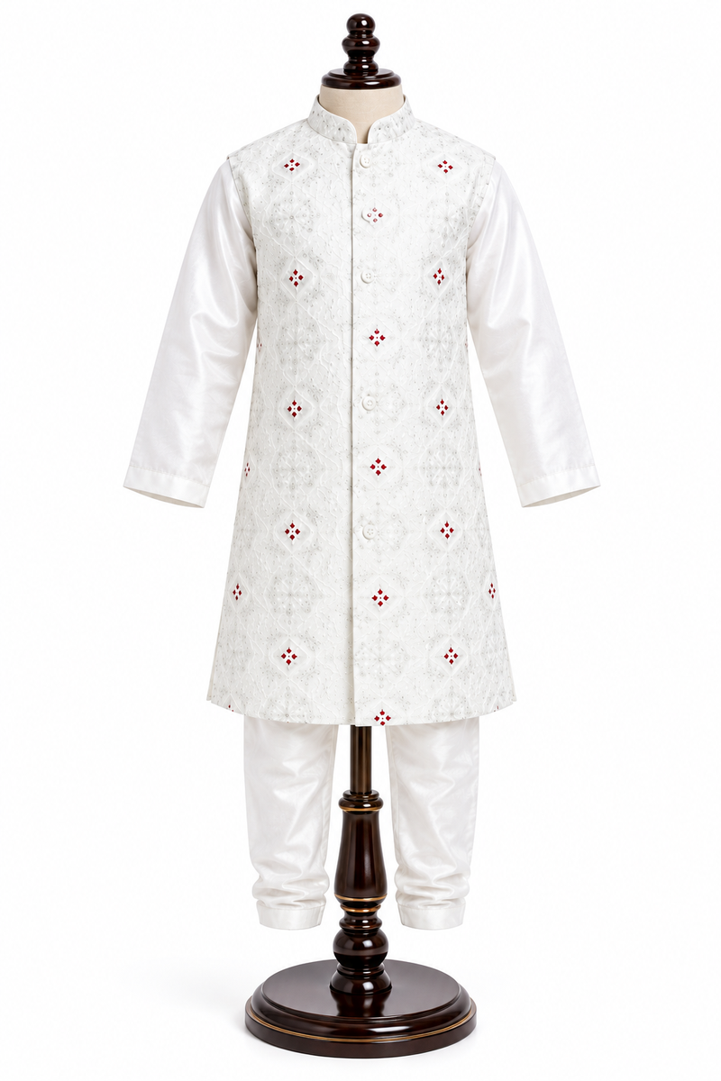 Boys Off-White Indo-Western Sherwani Set with Nehru Jacket