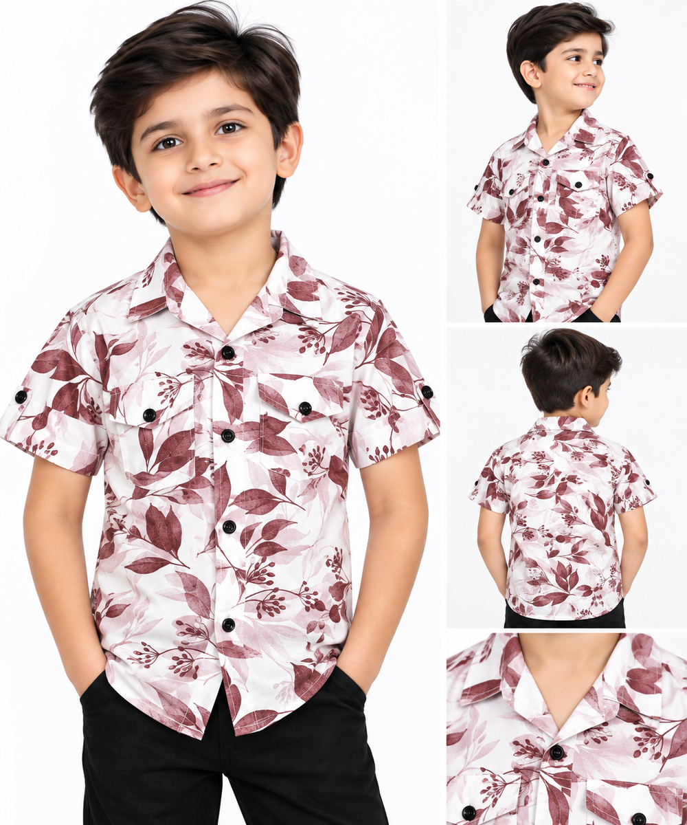 Boys Floral Printed Casual Shirt in White and Maroon