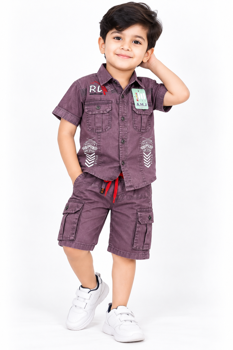 Boys Purple Casual Shirt and Cargo Shorts Set