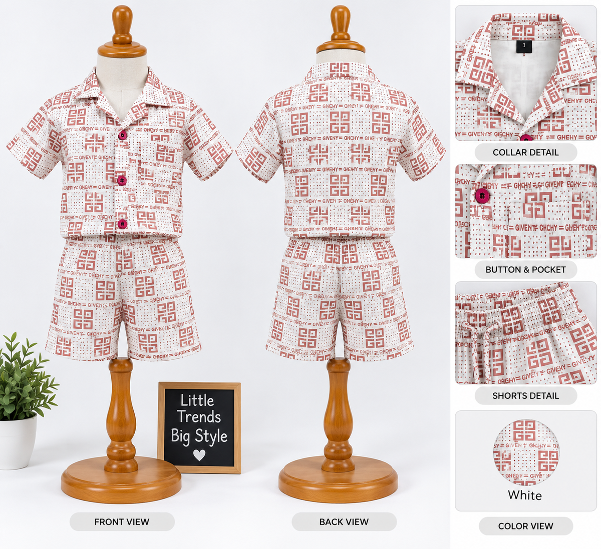 Boys Geometric Print White Shirt and Shorts Co-ord Set