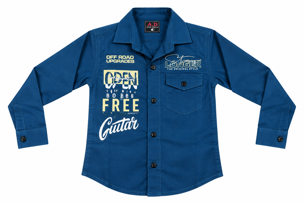 Boys Royal Blue Graphic Print Roll-Up Sleeve Casual Shirt