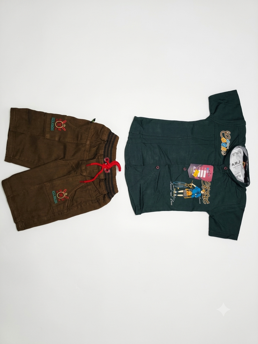 Boys Dark Green Printed Shirt and Shorts Set