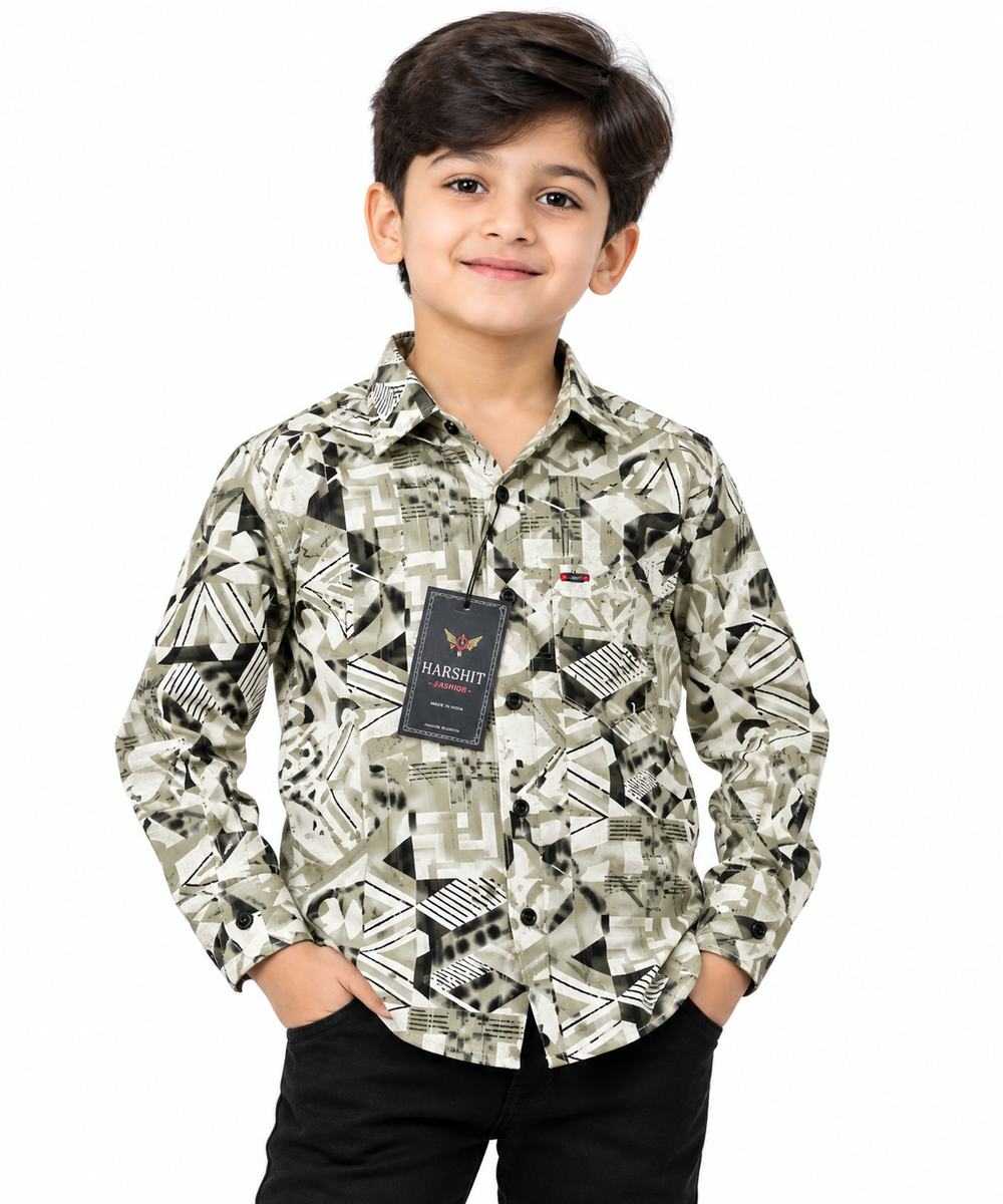 Boys Geometric Print Casual Shirt in Olive Green