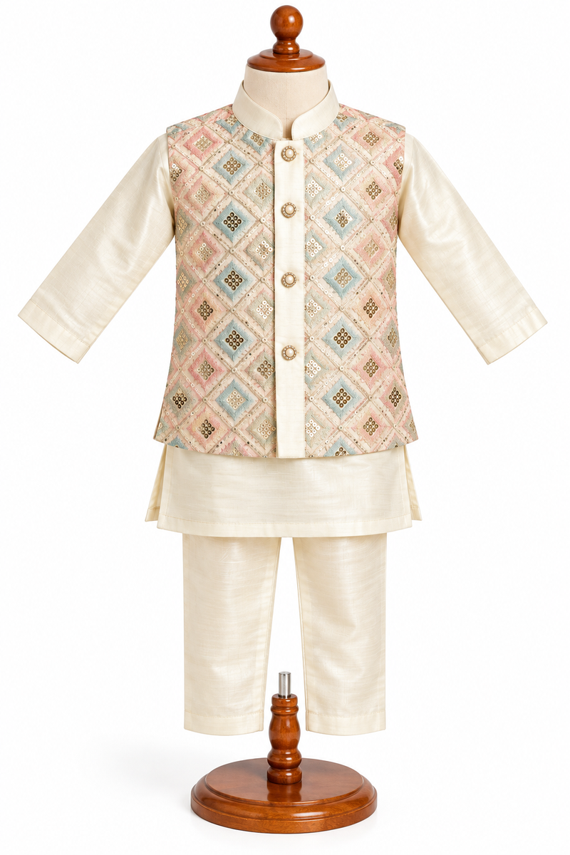 Boys Cream Kurta with Embroidered Nehru Jacket Set — lifestyle