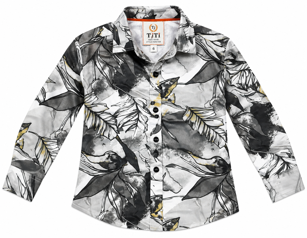 Boys Black and White Leaf Printed Casual Shirt
