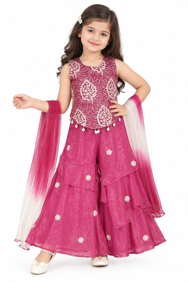 Magenta Printed Kurti with Sharara and Dupatta