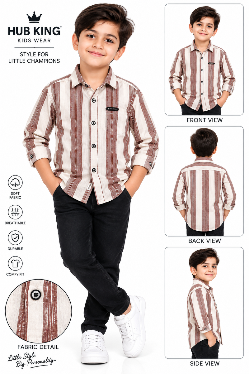 Boys Brown & Beige Striped Full Sleeve Casual Shirt