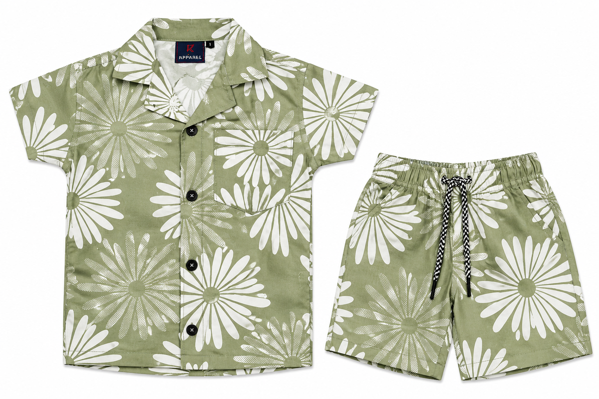 Boys Olive Green Floral Print Co-ord Set