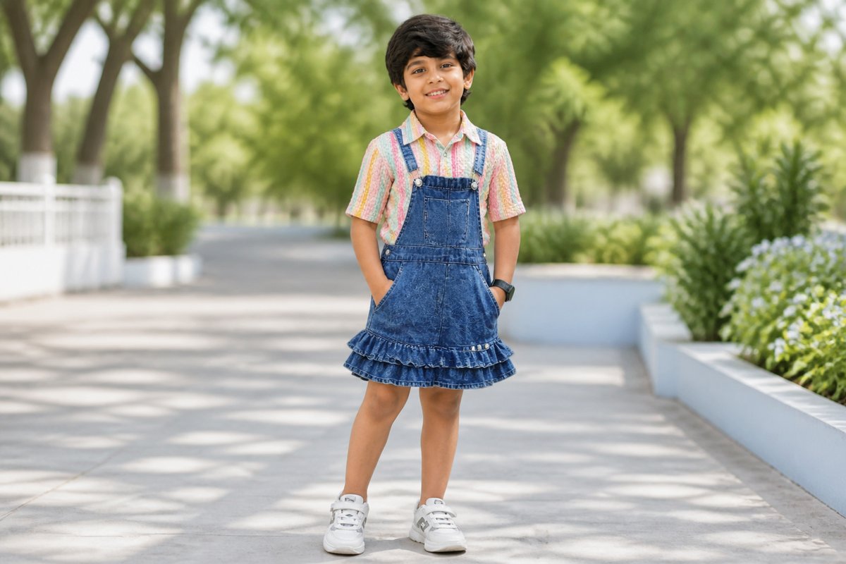 Girls Blue Denim Dungaree Dress with Striped Shirt