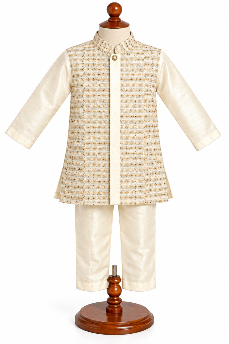 Boys Beige Silk Blend Kurta with Nehru Jacket Set