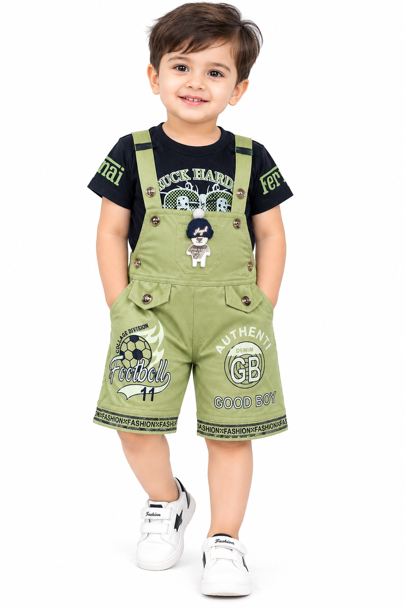 Boys Olive Green Dungaree with Black Printed T-Shirt Set