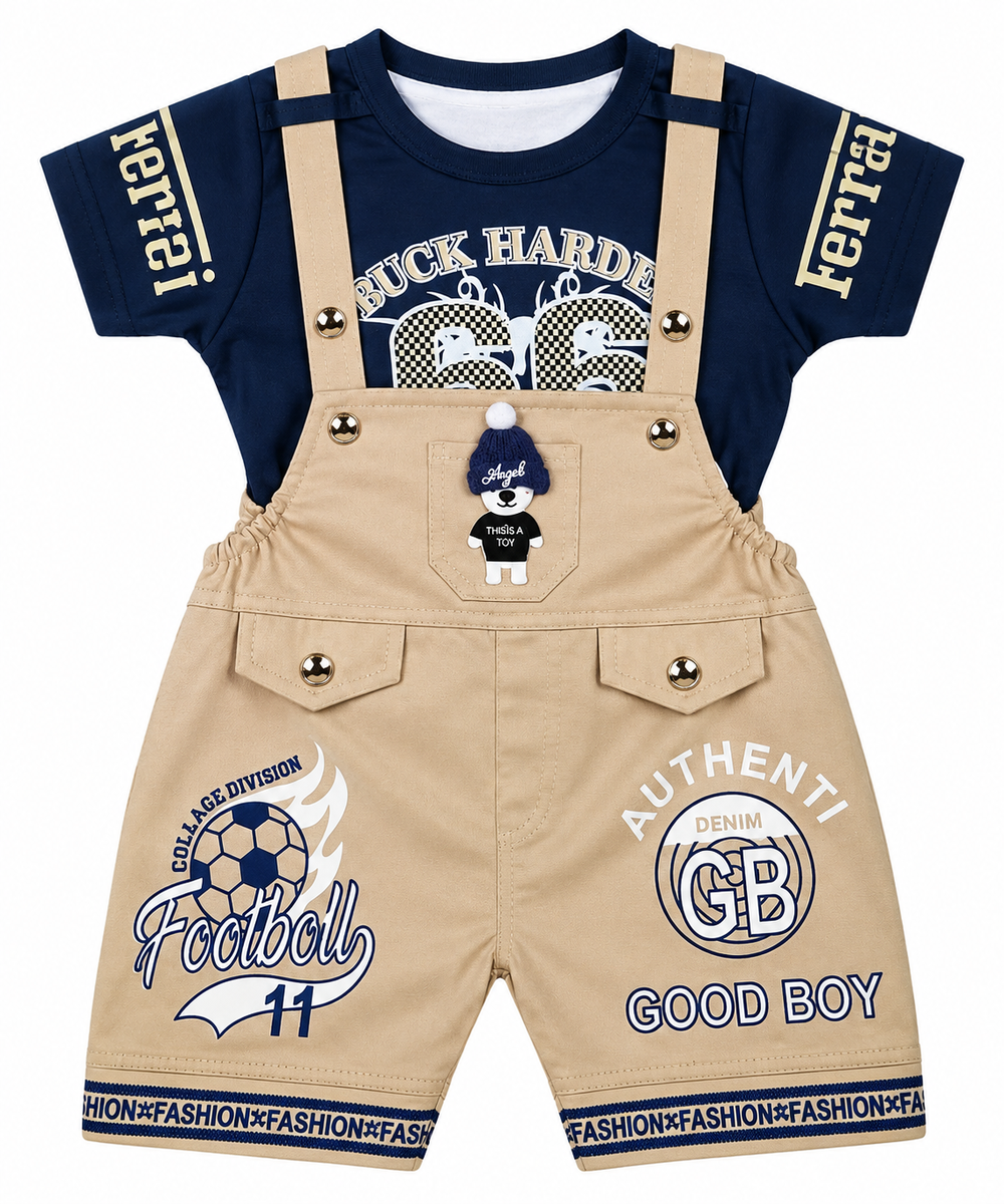 Boys Navy Blue T-Shirt with Beige Dungaree Shorts Set