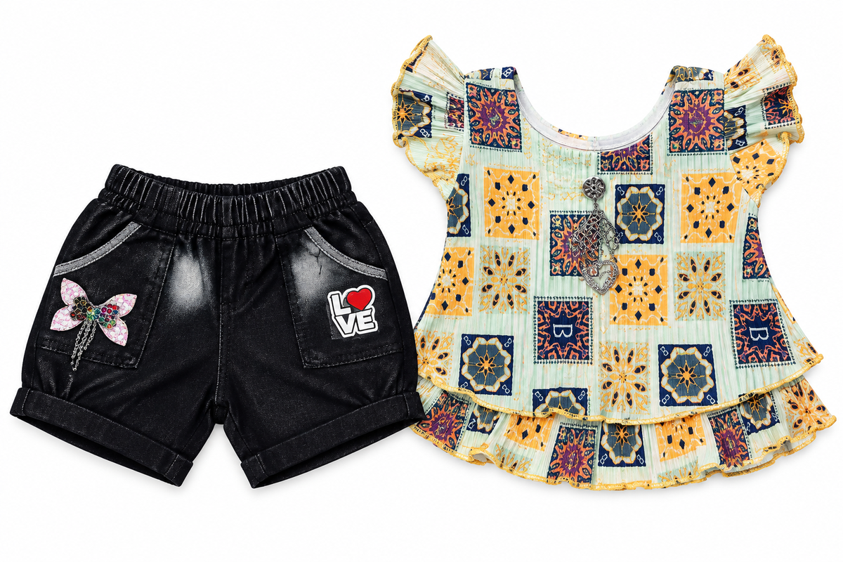 Girls Multi-Print Pleated Top with Denim Shorts Set