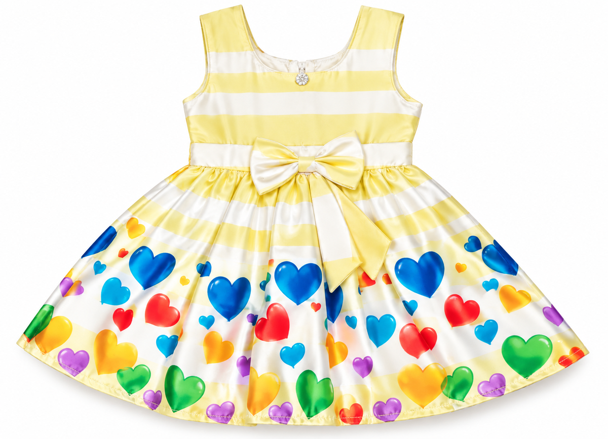 Yellow Striped Frock with Colorful Hearts Print