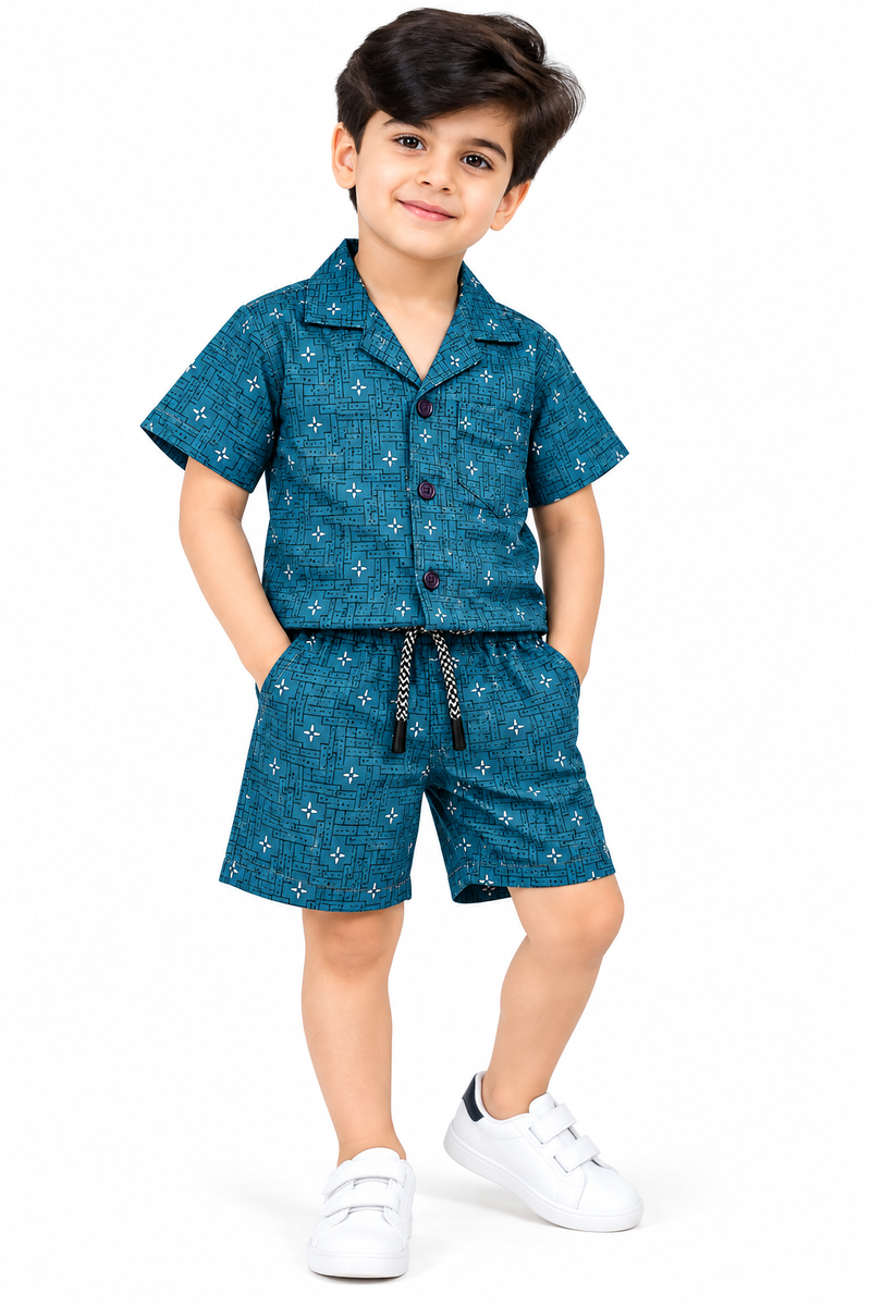 Teal Blue Printed Shirt and Shorts Co-ord Set