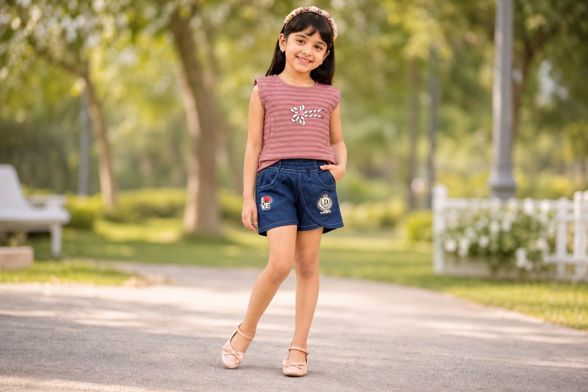 Pink T-Shirt with Denim Shorts Set