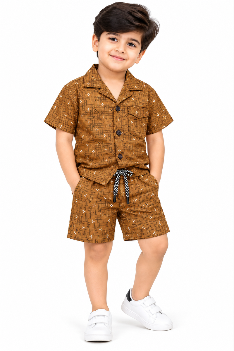 Brown Printed Cotton Shirt and Shorts Set
