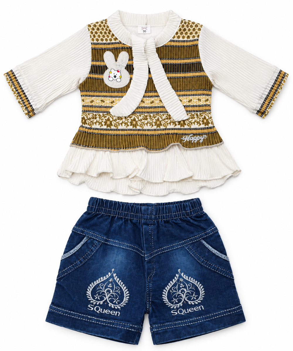 Girls Olive Green & White Top with Denim Shorts Set