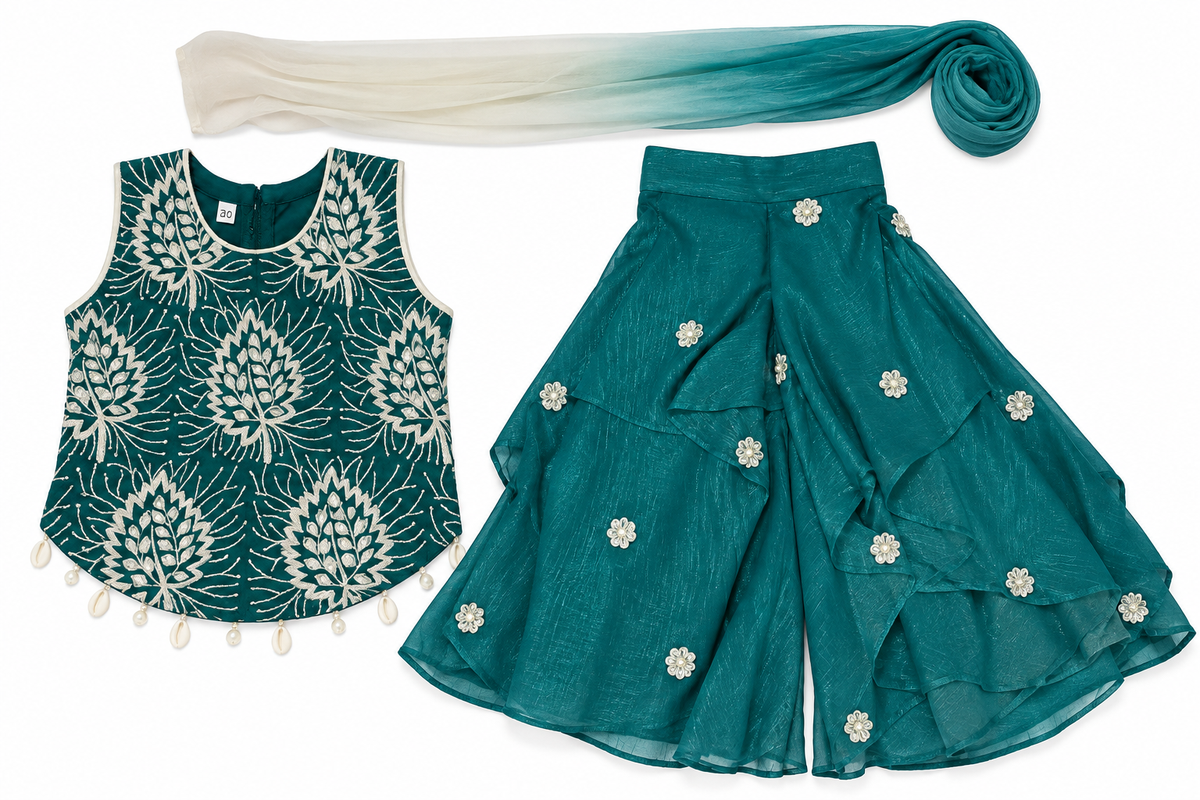 Teal Green Foil Printed Peplum Kurti with Sharara and Dupatta