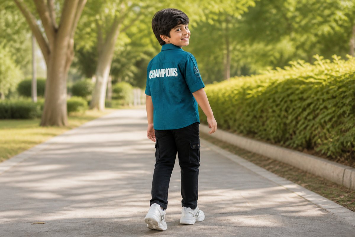 Boys Dark Teal Printed Casual Shirt with Cargo Pants