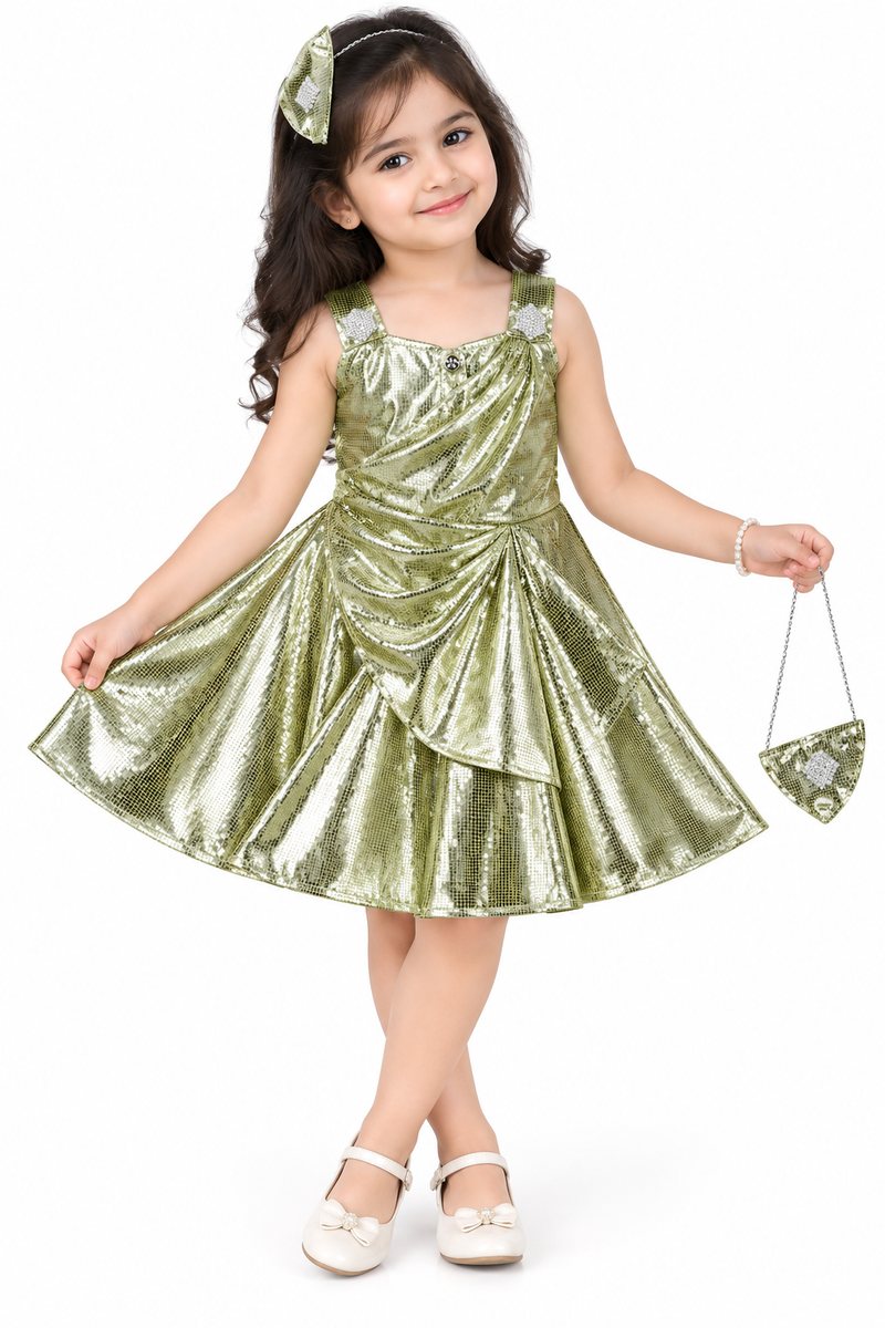 Glittery Olive Green Party Frock with Matching Accessories