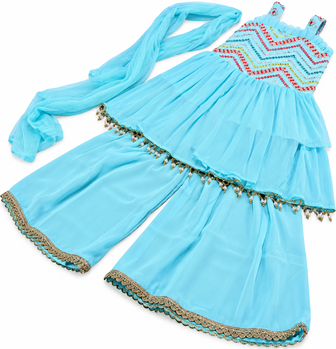 Sky Blue Embellished Sharara Set for Girls